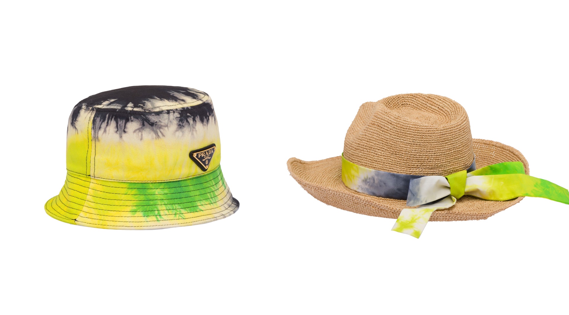 Prada tie dye raffia hat with bow and canvas bucket hat
