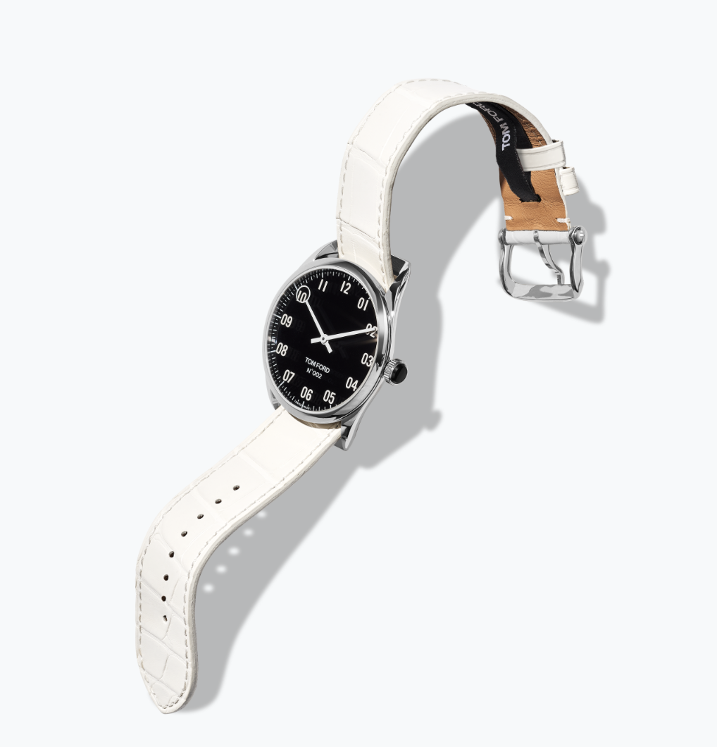 Tom Ford 002 Timepiece collection watch with white leather strap