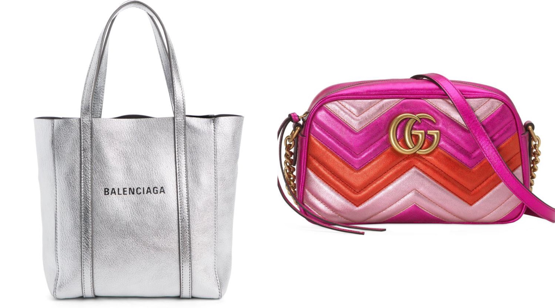 Balenciaga silver tote bag and Gucci rainbow metallic handbag