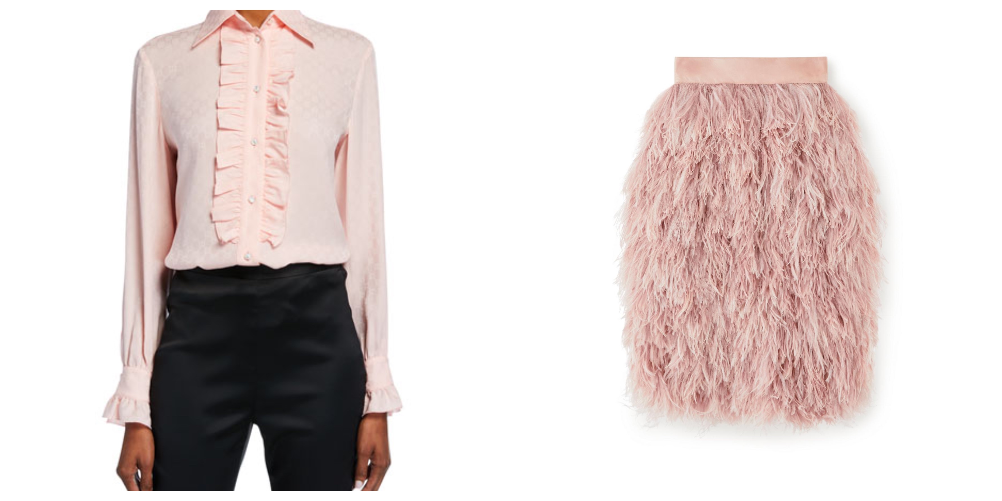 Gucci ruffle blouse and Tom Ford pink feather skirt